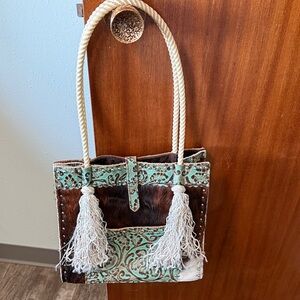 Western Rope Strap Turquoise and Brown Cow hide Women's Tote Bag